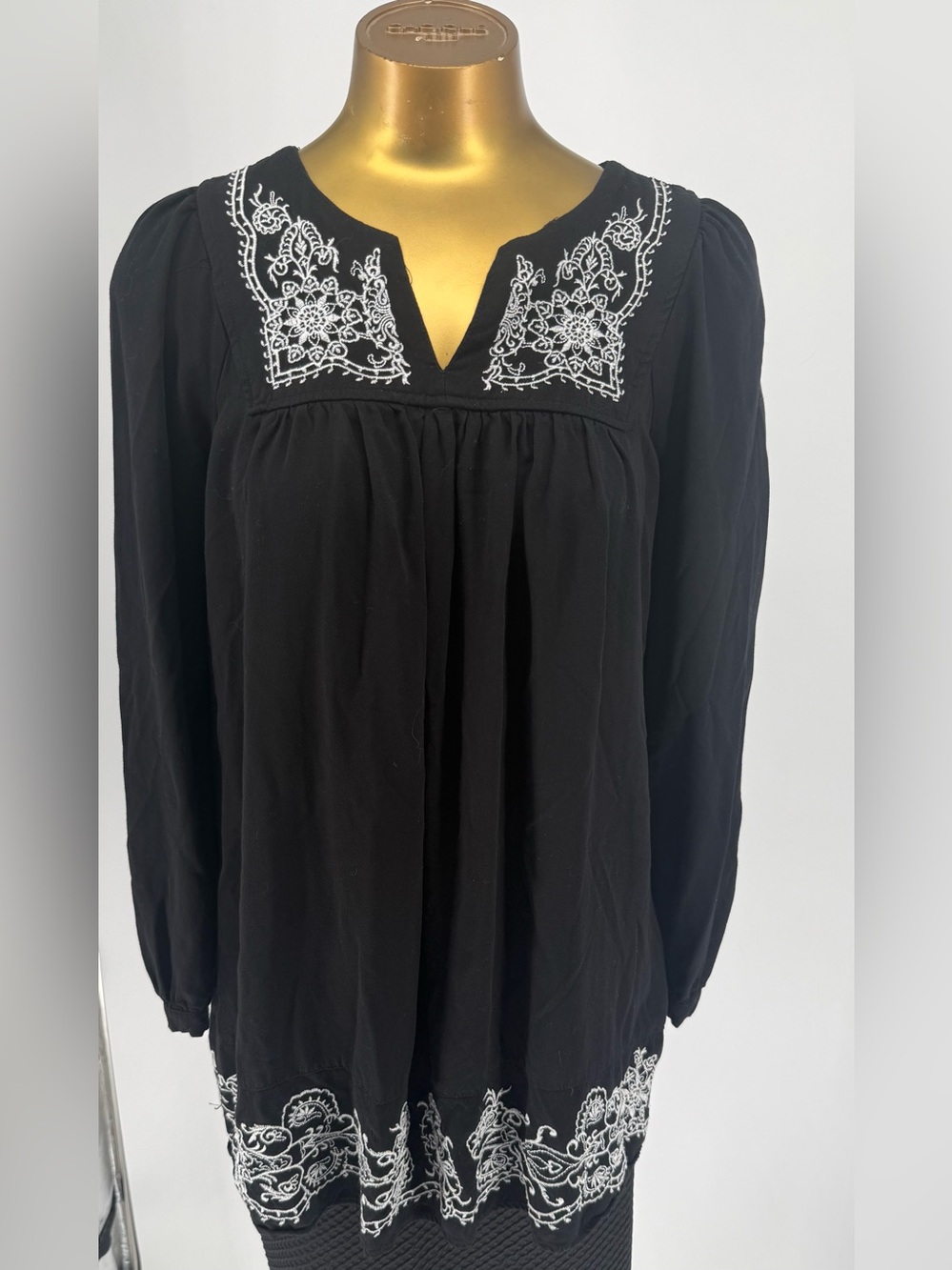 one clothing Black Tunic with White Embroidered Yoke and Hem Size Medium